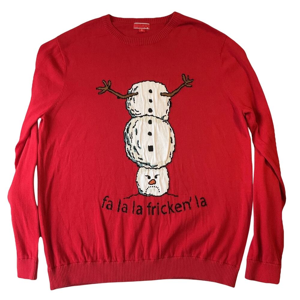 Unknown Brand Men Sweatshirt XL Red Graphic Print Snowman Text Christmas Ribbed